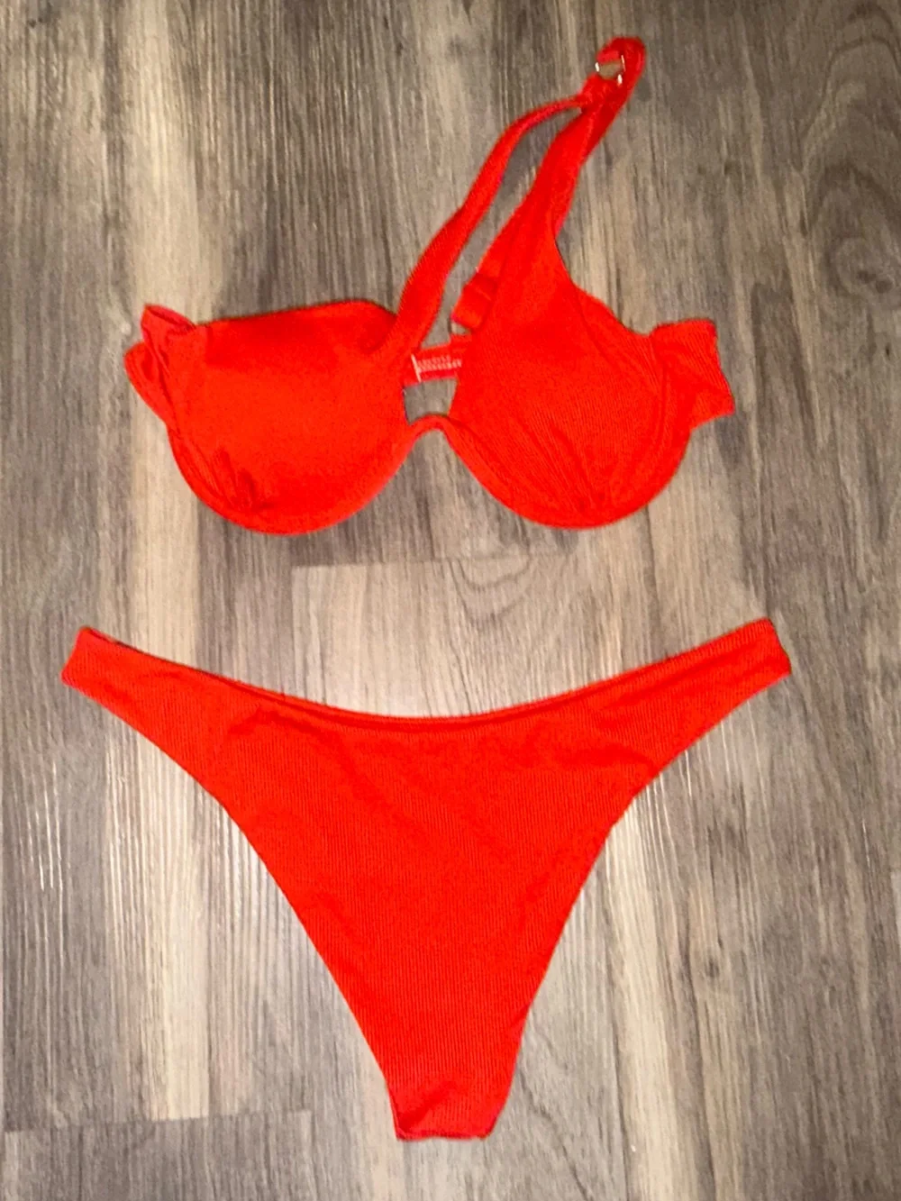 SHEIN Neon Red Bikini‎ Set Ribbed One Shoulder Medium